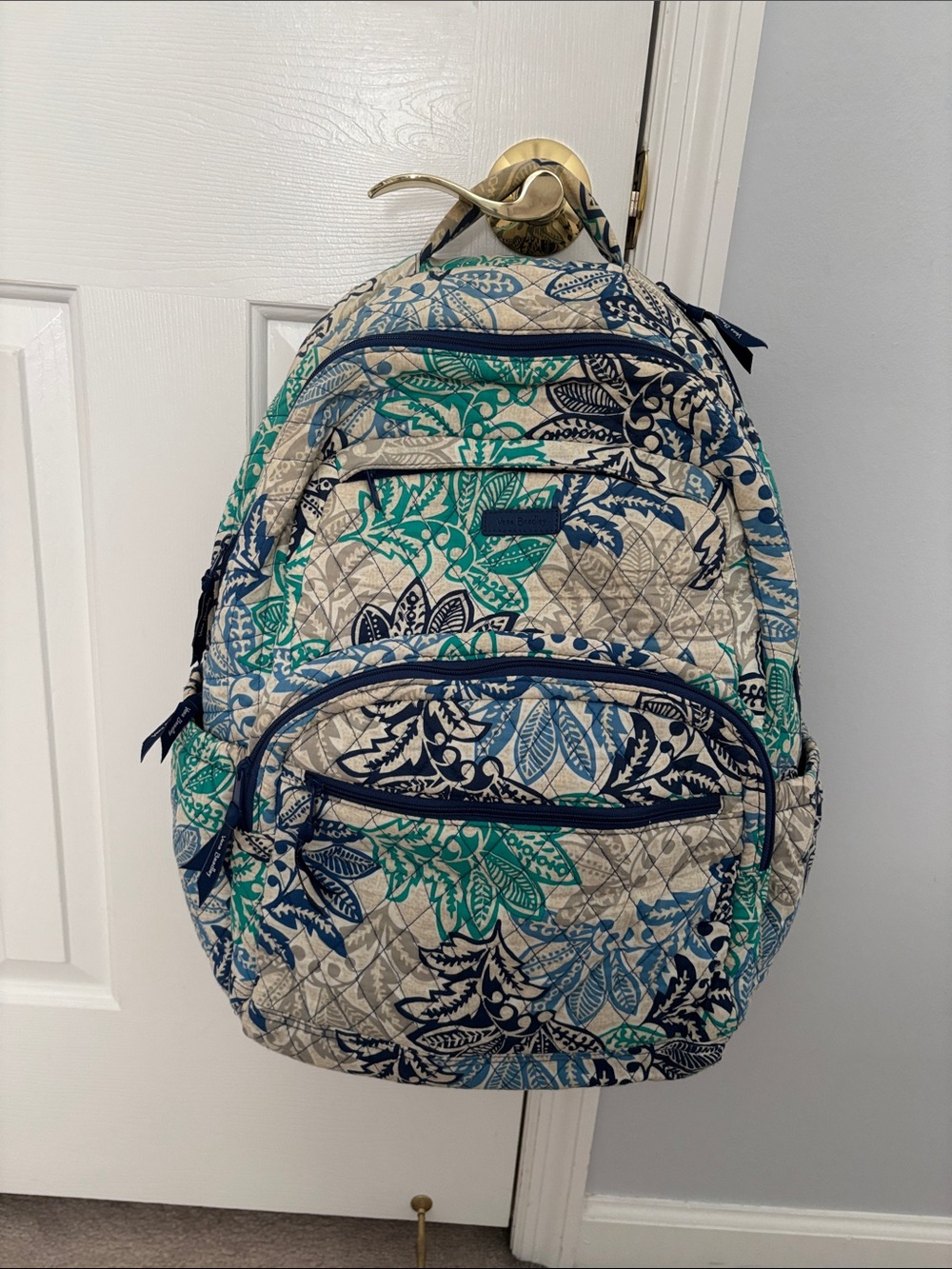 Vera Bradley Quilted Floral Print Backpack in grey Teal & Navy 17x14x9